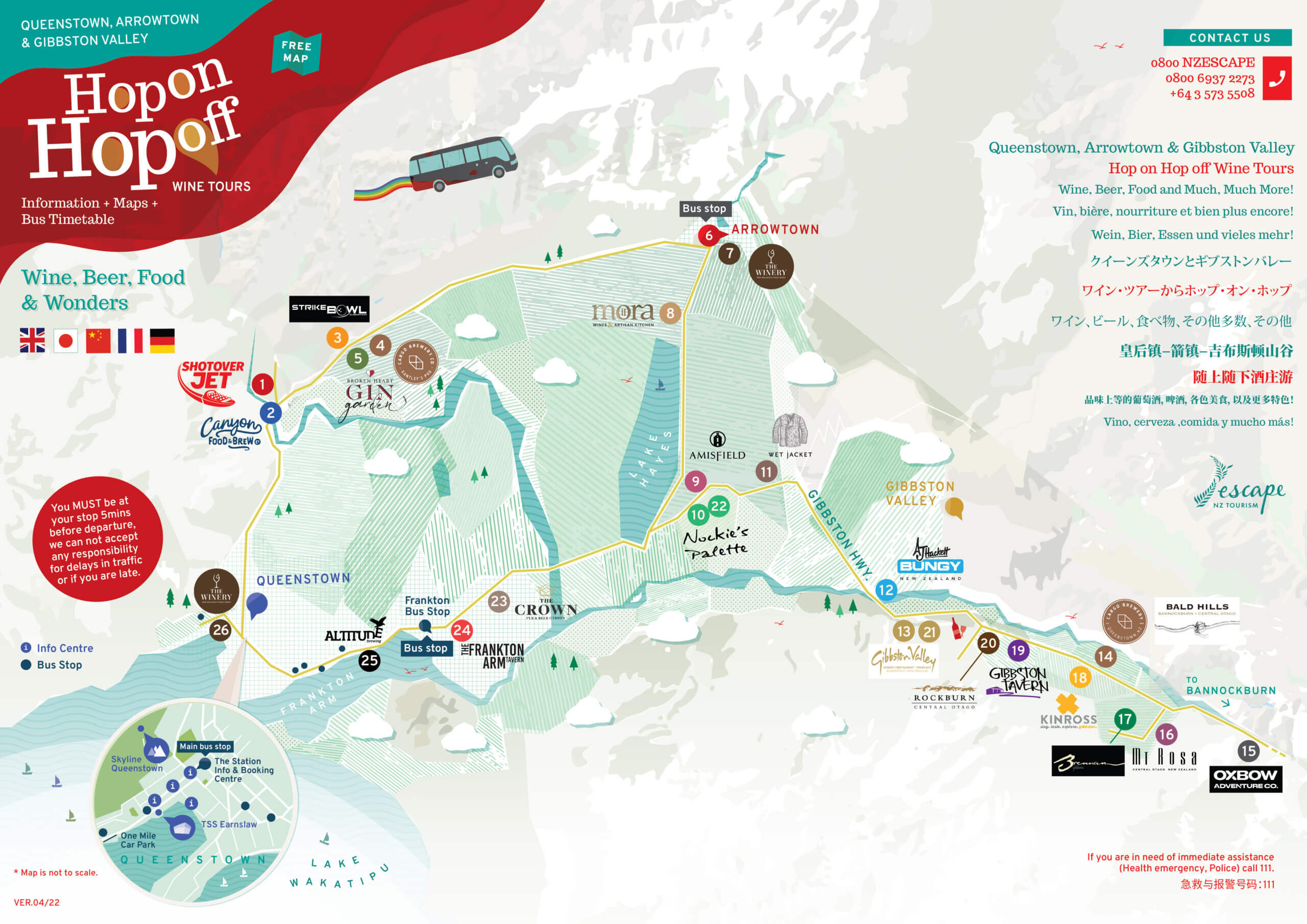 Queenstown Wine & Beer Tour Map With Hop On Hop Off Tours (Sunday - Friday)