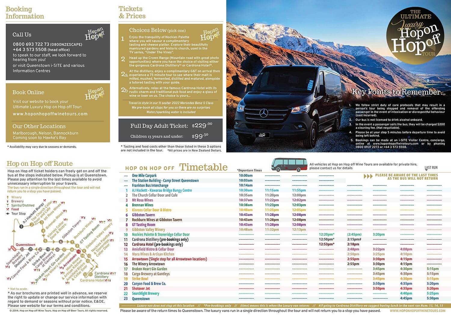 Queenstown Luxury Hop On Hop Off Tour Timetable